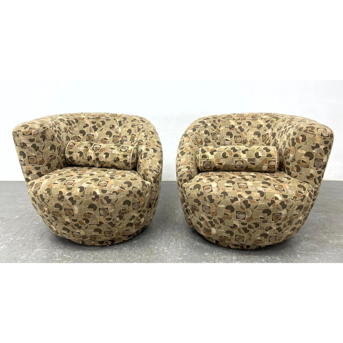 Pr Kagan style Swivel Lounge Chairs. PRECEDENT. Tapered back rest on round seat and chair. Taupe, br (1 of 10)