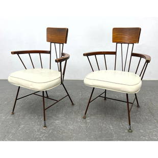 2pc Arm Chairs.  Mid Century Modern McCobb Style Richard McCarthy Selrite Iron Frame Wood Armchairs: 2pc Arm Chairs. Mid Century Modern McCobb Style Richard McCarthy Selrite Iron Frame Wood Armchairs Dimensions: Height: 32 inches, Width: 22.25 inches, Depth: 20 inches. - Seat Height: 17.5 inches ---