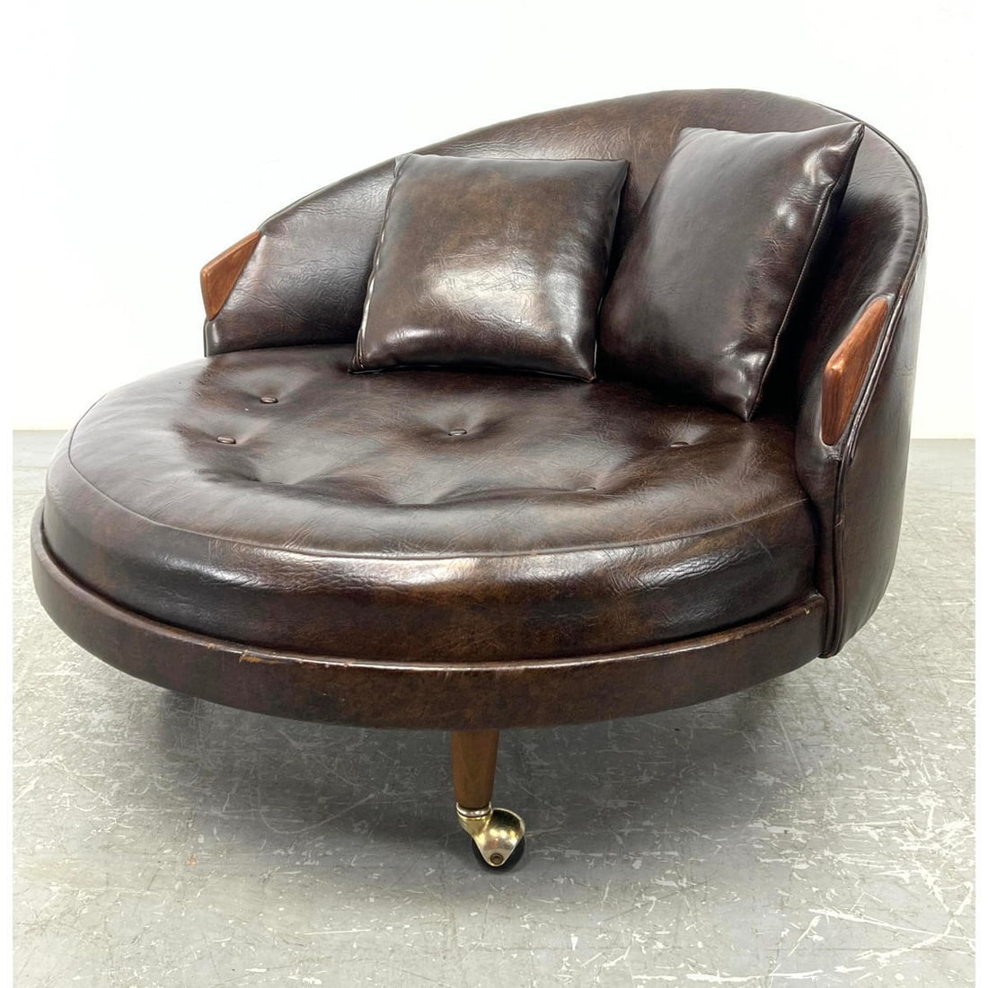 Adrian Pearsall  Round Lounge Chair. Brown vinyl upholstery. Arched back rest with some toss pillows (1 of 11)