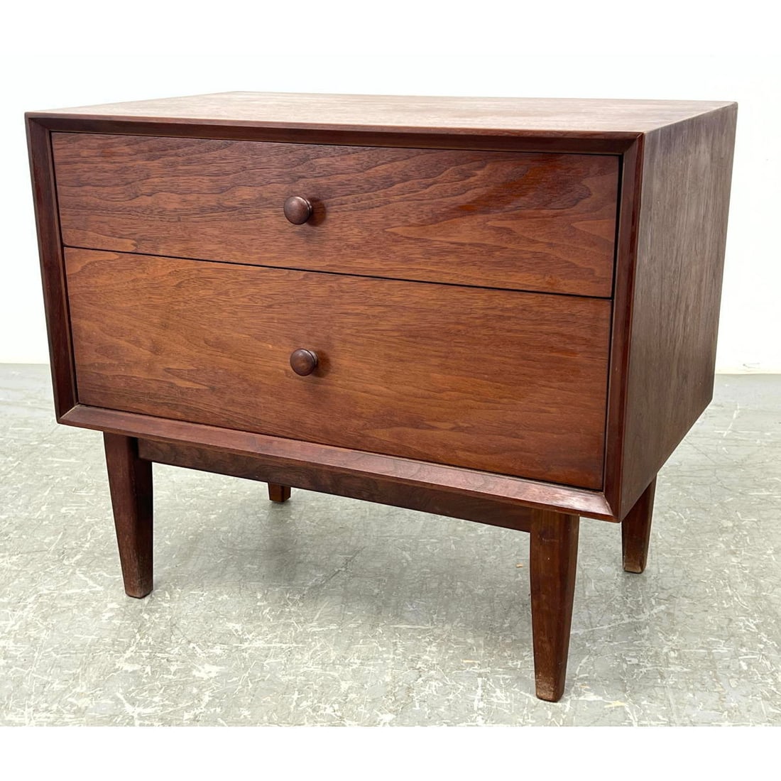 American Modern Walnut 2 Drawer Night Stand Table. Tapered square legs. (1 of 10)