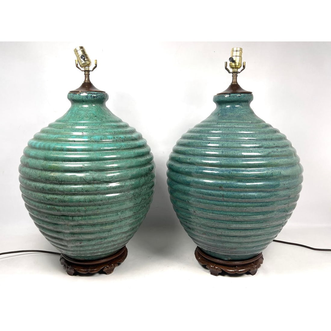 Pair Glazed Ribbed Bulbous Pottery Lamps. Mottled teal glazed forms. (1 of 12)