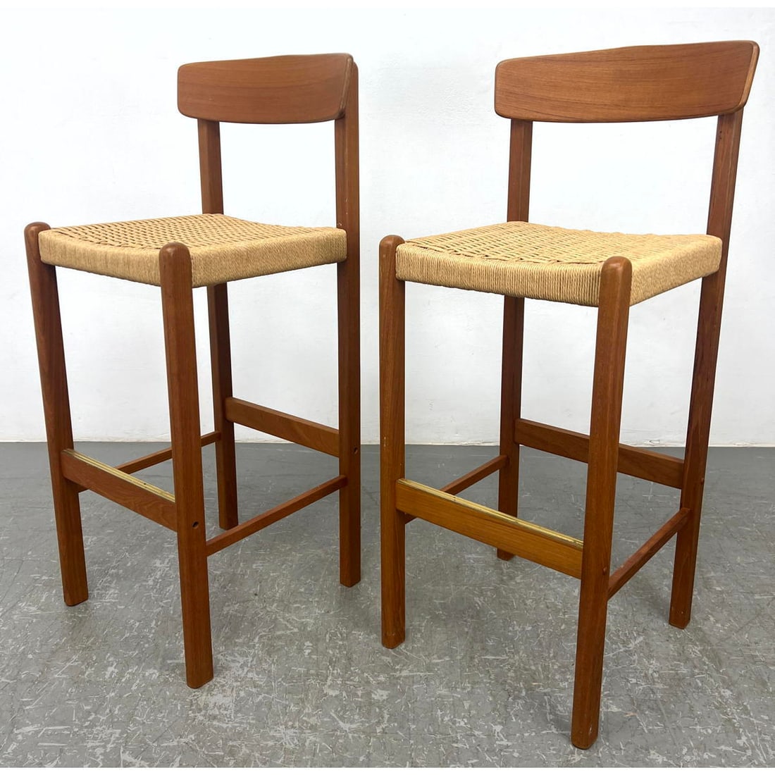 Pr SUN WOOD Industries Tall Teak Bar Stools. Woven seats. Label. (1 of 11)