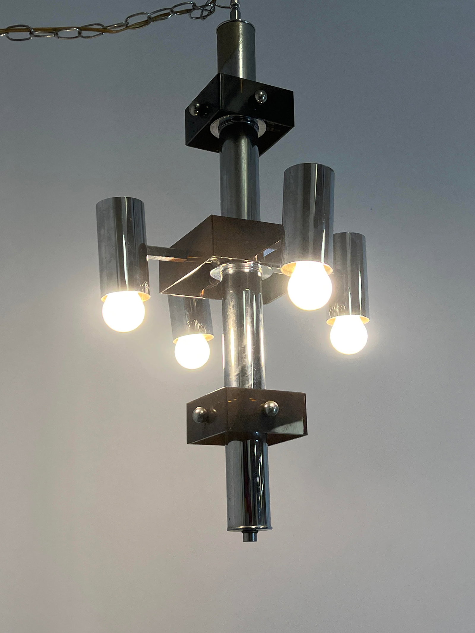 Mid Century Modern Chrome Eight Bulb Chandelier Pendant Lamp. Working bulbs not included.: Mid Century Modern Chrome Eight Bulb Chandelier Pendant Lamp. Working bulbs not included. Dimensions: Height: 29 inches, Width: 15 inches, Depth: 15 inches. ---