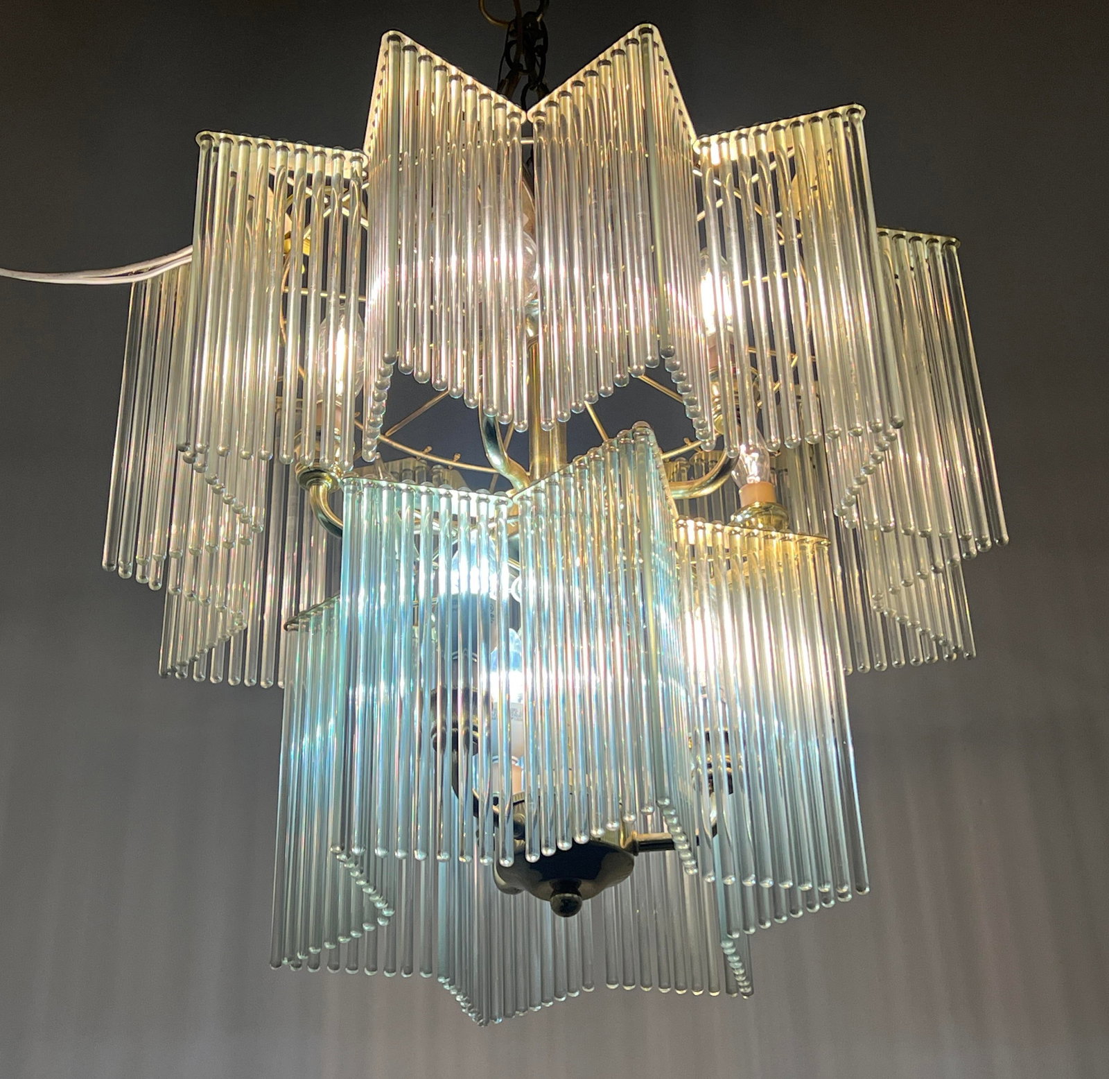 Extravagant Double Tier Star Form Chandelier Hanging Light. Glass rod prisms in star patterns.: Extravagant Double Tier Star Form Chandelier Hanging Light. Glass rod prisms in star patterns. Dimensions: Height: 24 inches, Width: 19 inches, Depth: 19 inches. ---