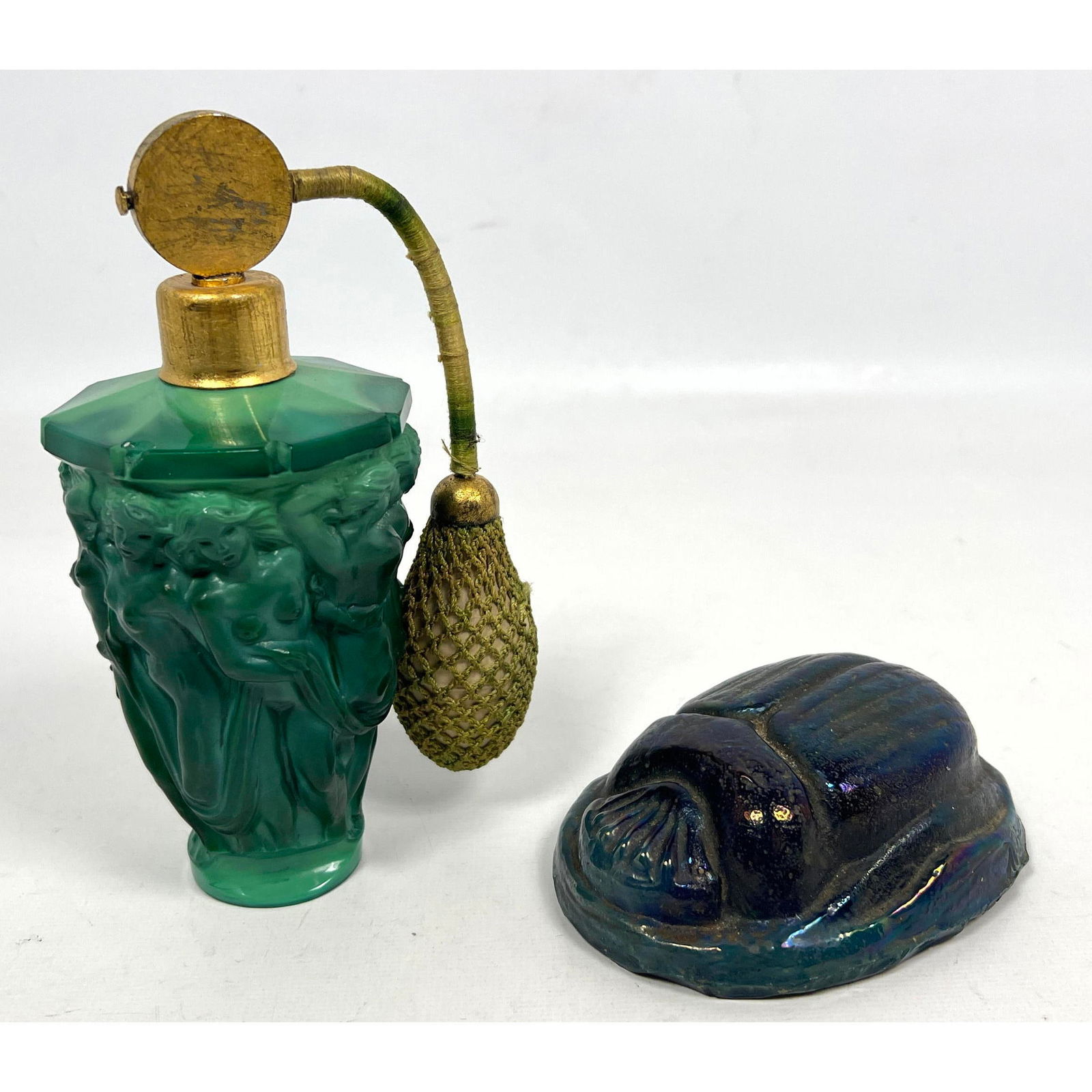 2pcs Art Glass. Malachite glass perfumer atomizer, Scarab figure. (1 of 14)