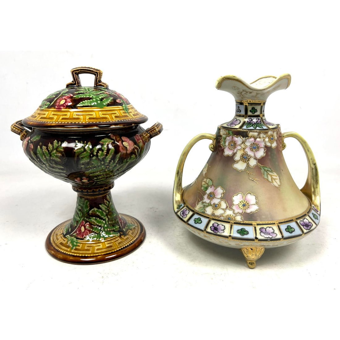 2pc Vintage Glazed Pottery Pieces. CHOISY le ROI Covered Jar; majolica style. Nippon style Handled v (1 of 16)