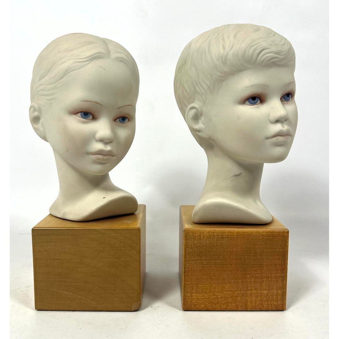 2pc CYBIS Bisque Porcelain Busts of Young Boy and Girl. Wood cube bases. Signed. (1 of 14)