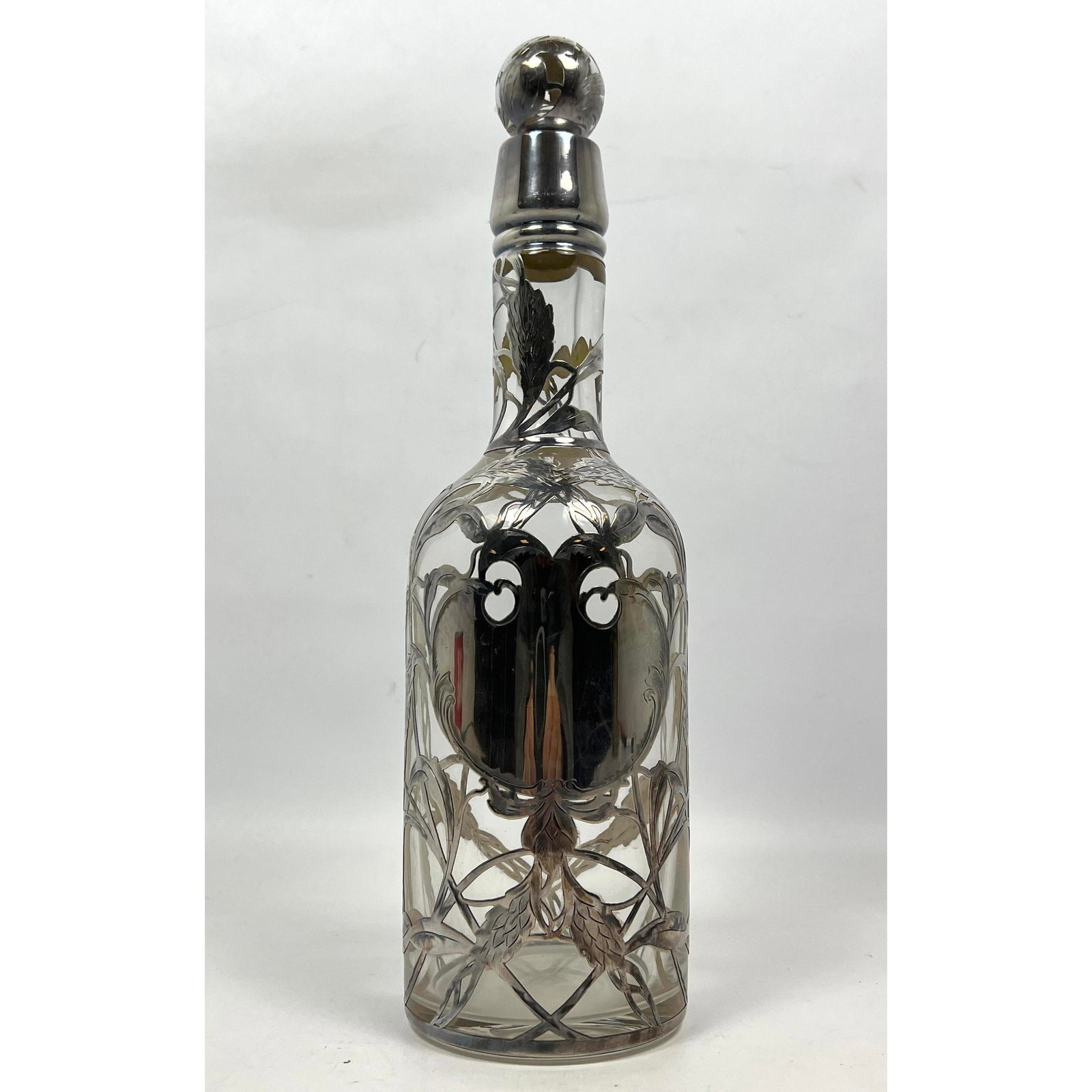 Sterling Overlay Stoppered Crystal Bottle. (1 of 11)