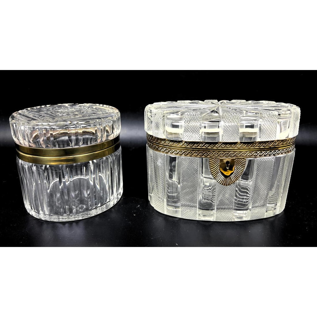 Pr Brass Mounted Cut Crystal Lidded Boxes. French style. (1 of 14)