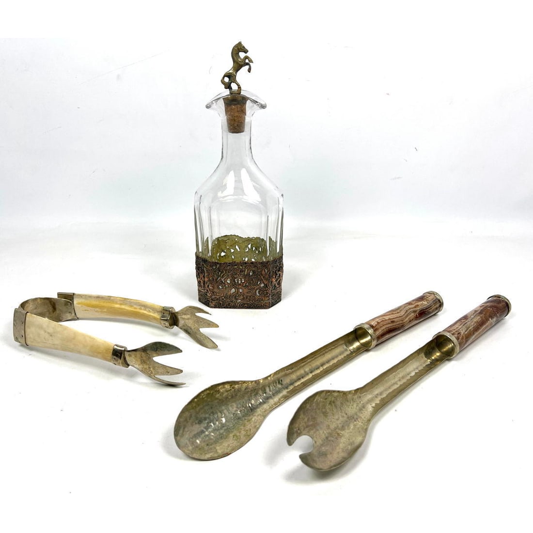 Tablewares Lot. Dutch Silverplate and crystal decanter, Horn tongs, Agate handled salad servers. (1 of 16)