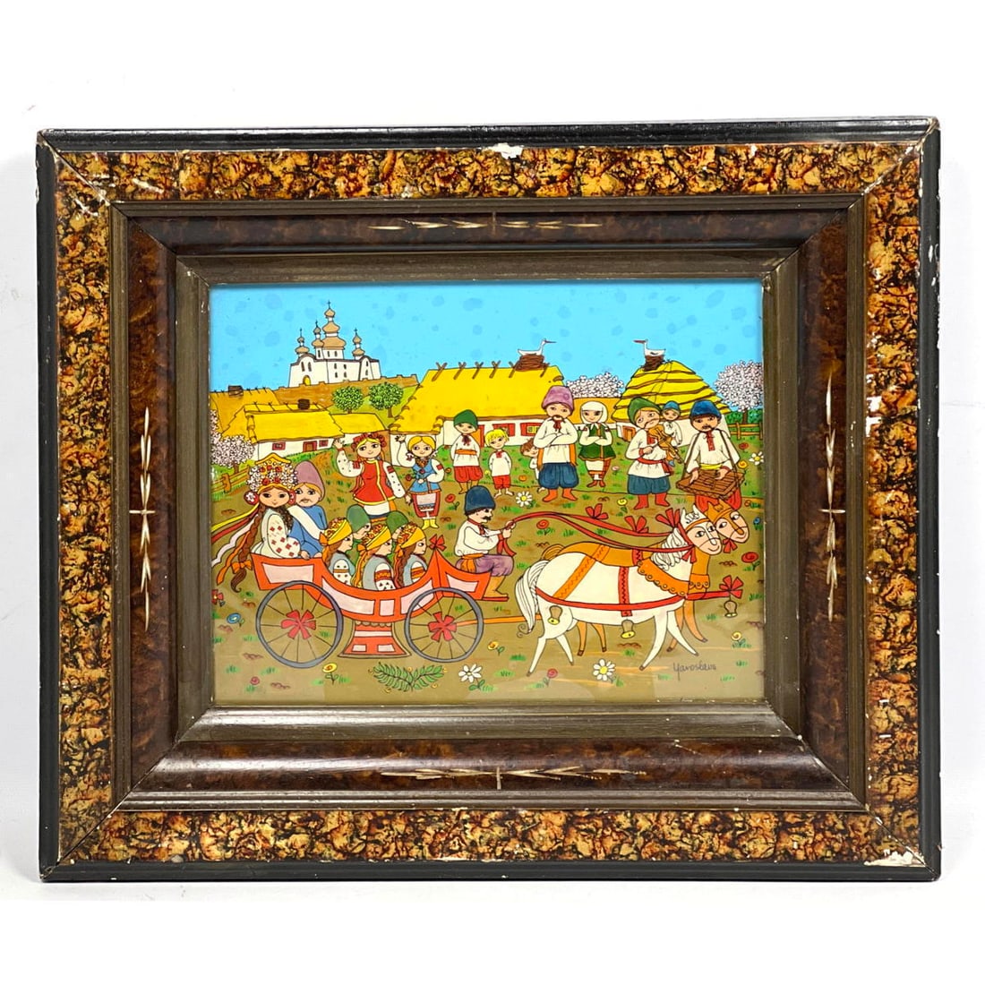 YAROSLAVA S. MILLS Colorful Bridal Procession Painting. Reverse painted on Glass. 2 Horse draw carri (1 of 9)