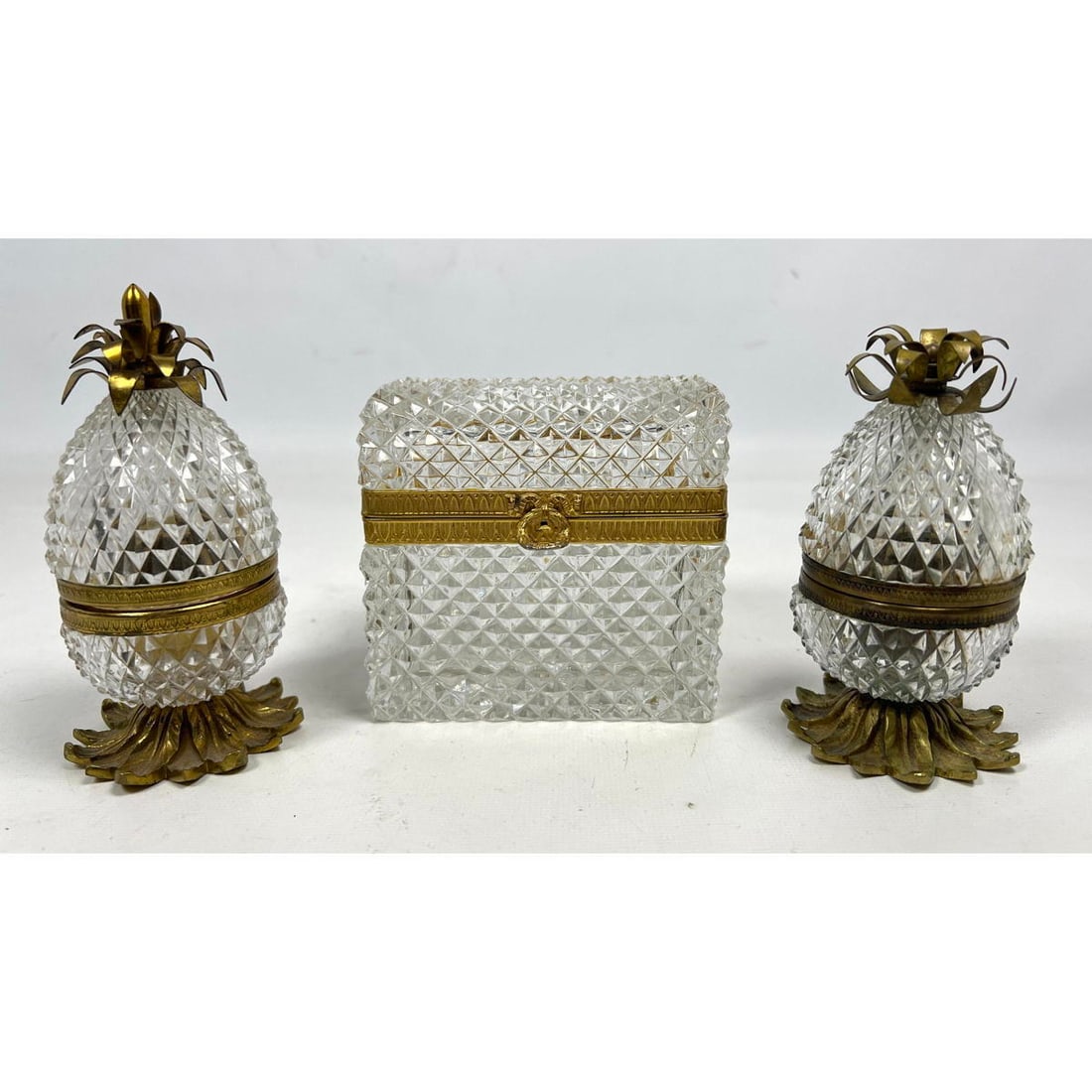 French Crystal and Gilt Metal Smoking Set.  Box and 2 Pineapple form Lidded Objects. (1 of 17)