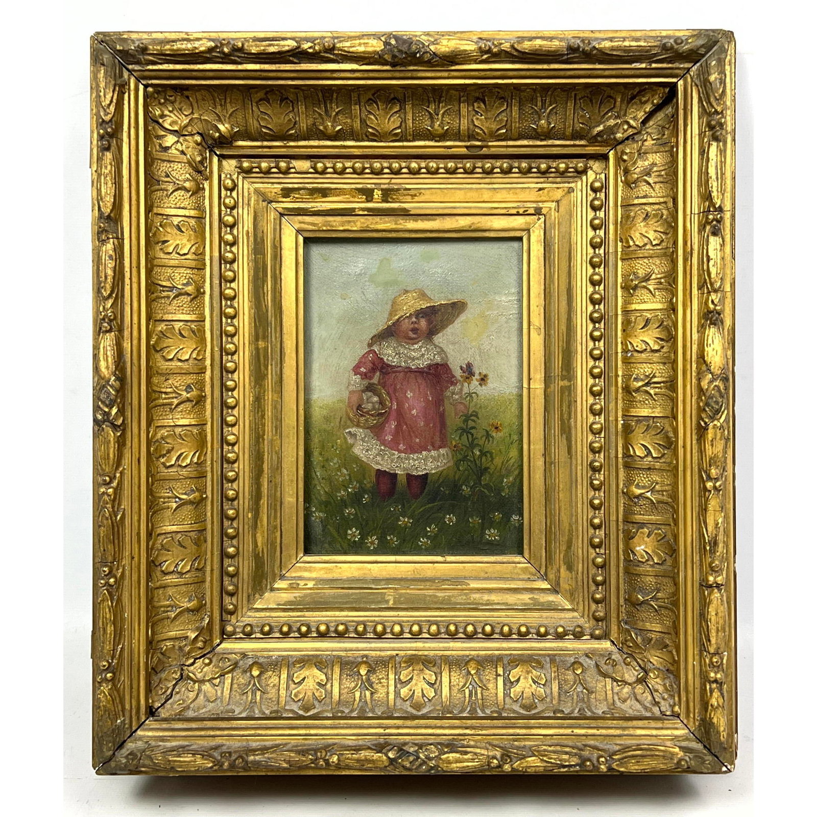 Vintage Folk Art Painting of Child in Field. On Canvas.: Vintage Folk Art Painting of Child in Field. On Canvas. Dimensions: Frame Height: 12 inches, Frame Width: 11 inches. - Image Size: Image Height: 5.5 inches, Image Width: 4 inches. --- US Packing and S
