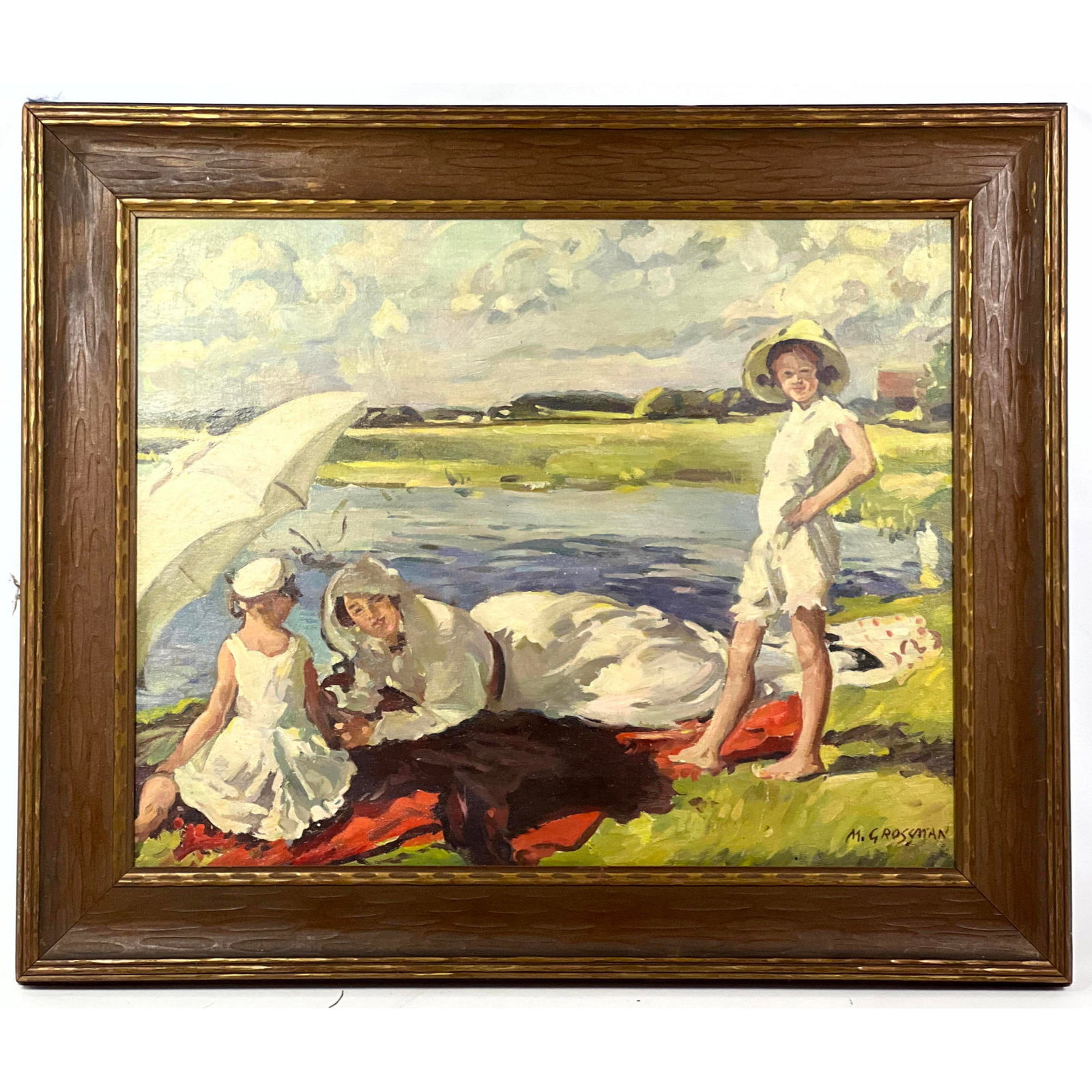 M. GROSSMAN Oil Painting on Canvas board. Impressionist beach scene.: M. GROSSMAN Oil Painting on Canvas board. Impressionist beach scene. Dimensions: Frame Height: 23 inches, Frame Width: 27.5 inches. - Image Size: Image Height: 17 inches, Image Width: 21 inches. ---