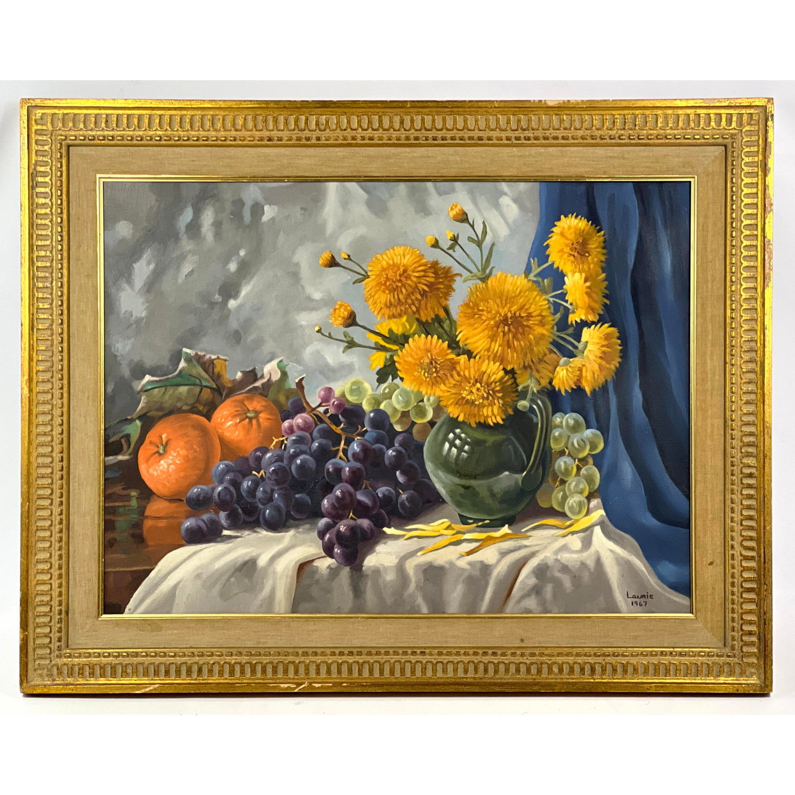 LAURIE BENKIN 1967 still life floral oil painting on canvas. Signed BENKIN on back.: LAURIE BENKIN 1967 still life floral oil painting on canvas. Signed BENKIN on back. Dimensions: Frame Height: 24 inches, Frame Width: 30 inches. - Image Size: Image Height: 17.5 inches, Image Width: 2