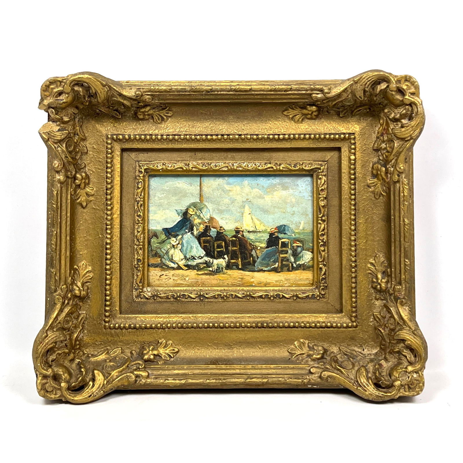 Attributed to Eugene Boudin French Impressionist Painting. Small scene of Family with Dog at the Be: Attributed to Eugene Boudin French Impressionist Painting. Small scene of Family with Dog at the Beach. Sailboat. Unsigned. Dimensions: Frame Height: 12 inches, Frame Width: 14 inches. - Image Size: I