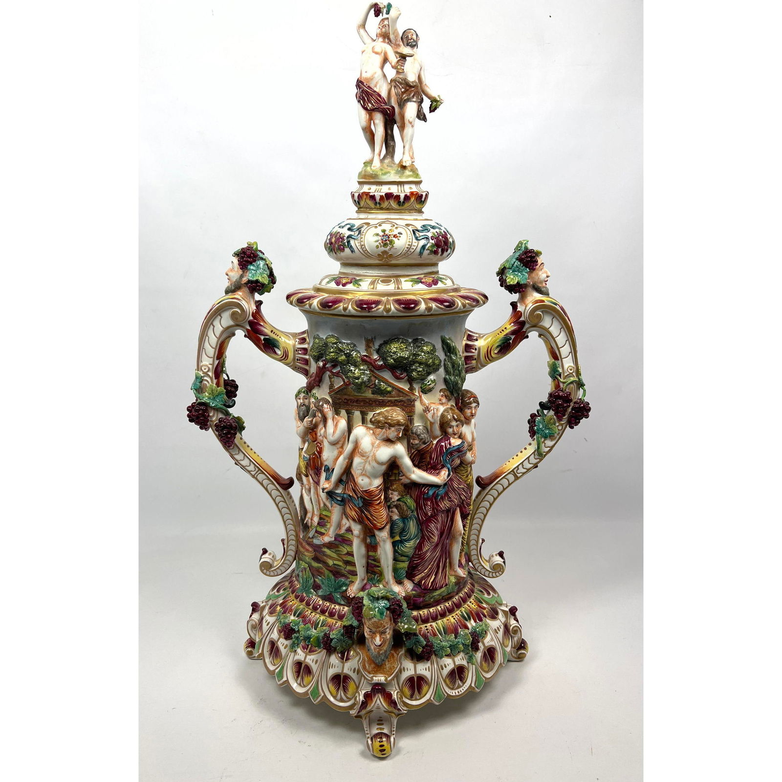 Large Naples Capodimonte Lidded Handled Urn. Figural decoration. (1 of 16)