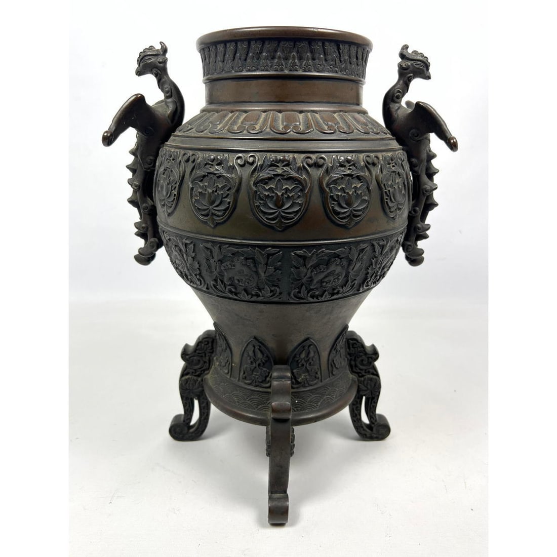 Asian Bronze Handled Urn. Phoenix Bird Handles. (1 of 11)