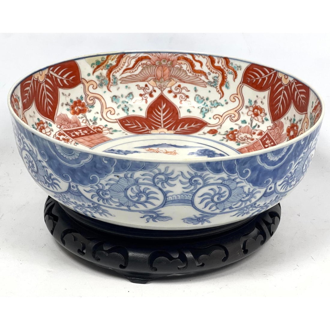 Signed Imari Style Large Bowl. Hand Painted Glazed Bowl. Wood Stand. (1 of 9)