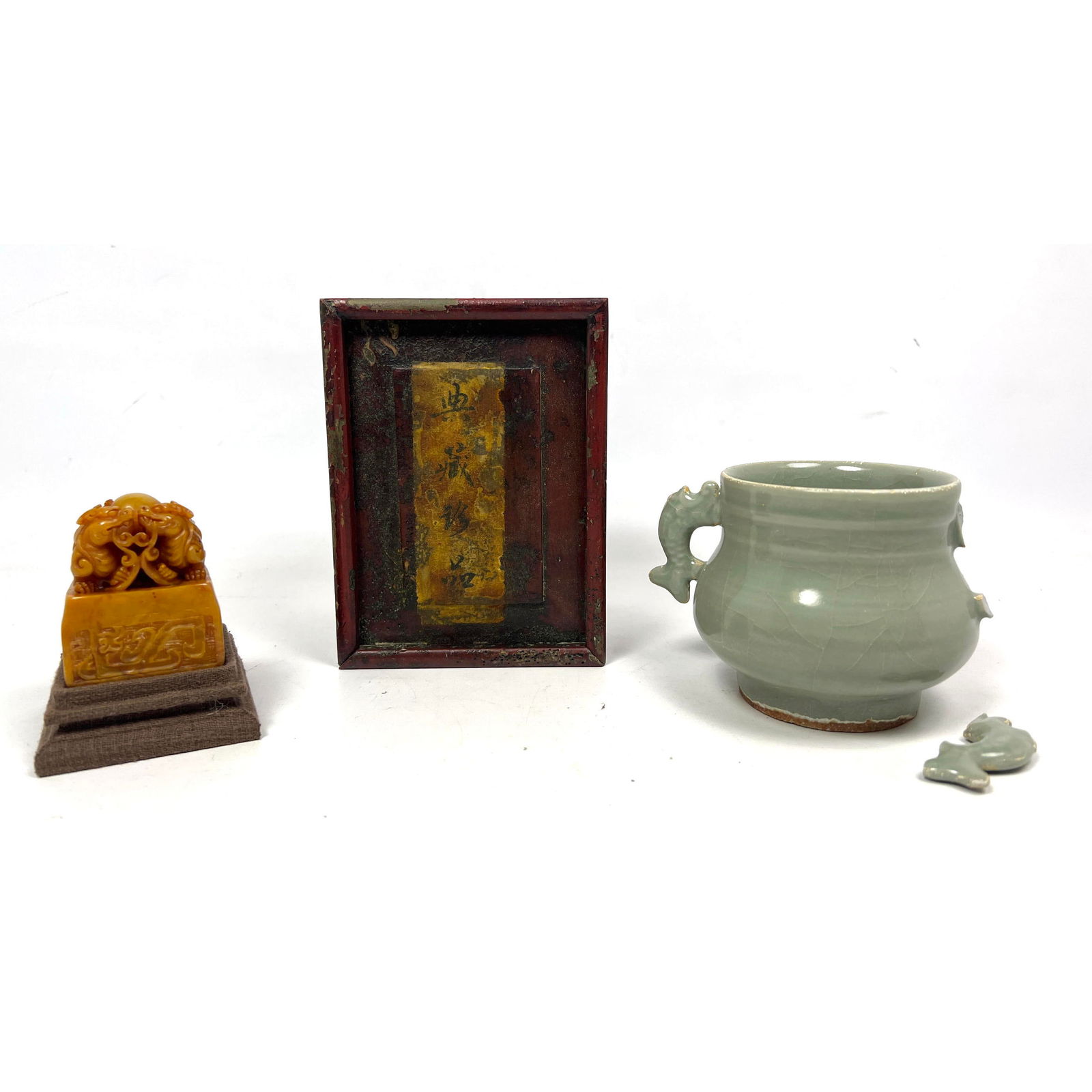 Asian Antiques.  Carved Stamp Seal in Box and handled Celadon jar. (1 of 16)