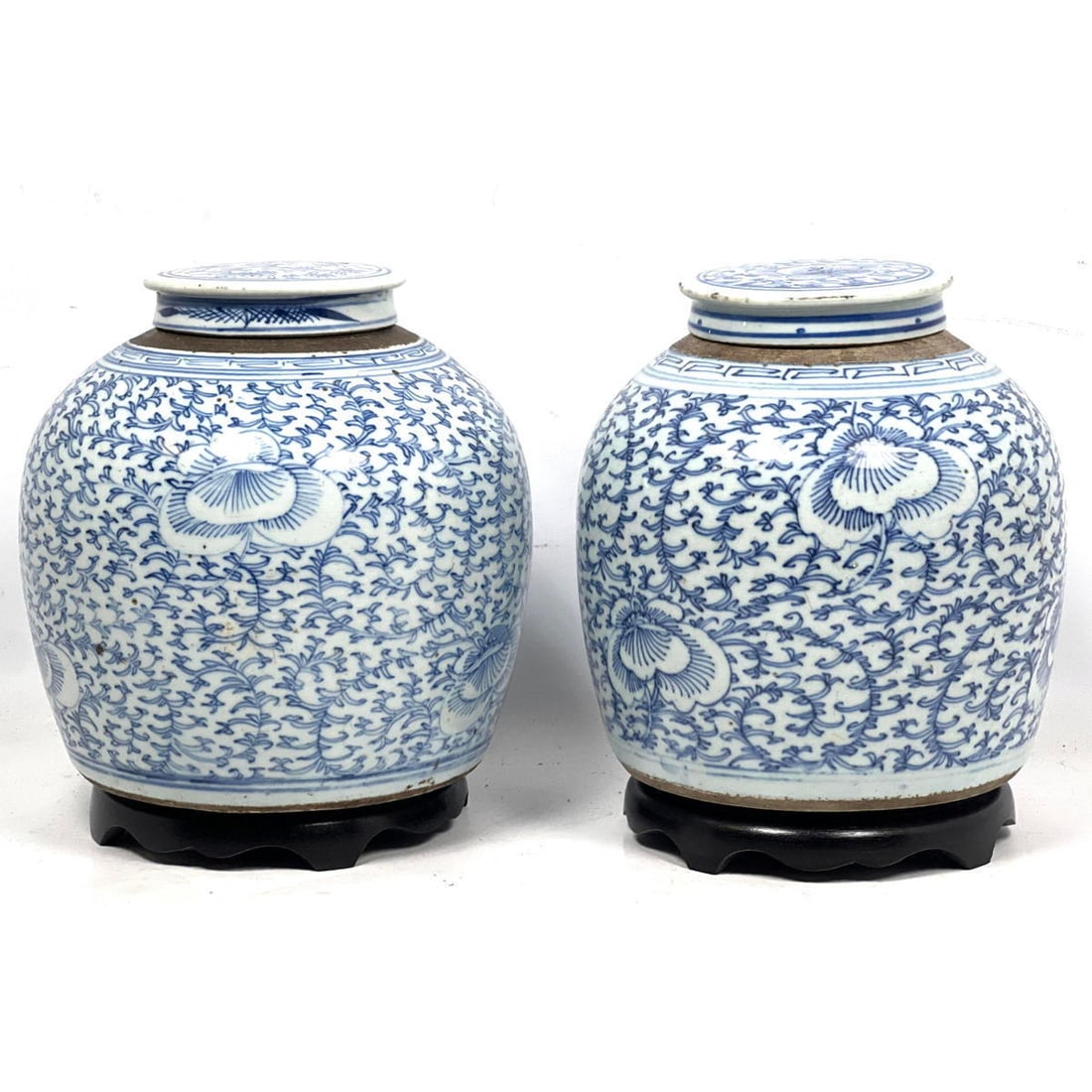 2pc Vintage Asian Blue and white Decorated Lidded Jars. Carved Wood Bases. Chinese. (1 of 11)