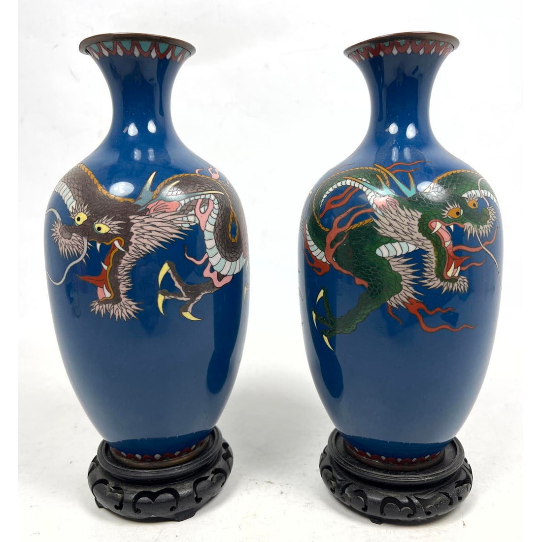 Pr Blue Cloisonne vases with 3 toe dragon. Wood bases. (1 of 12)