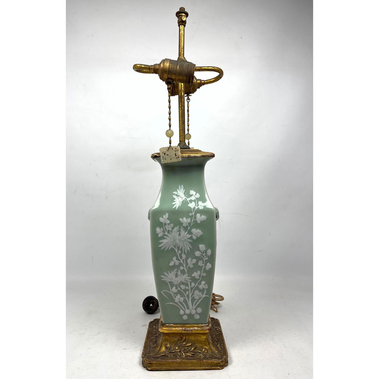 Antique Chinese Celadon Lamp with Slip Decoration:  Handled vase with carved jade pulls. Carved wood (1 of 11)