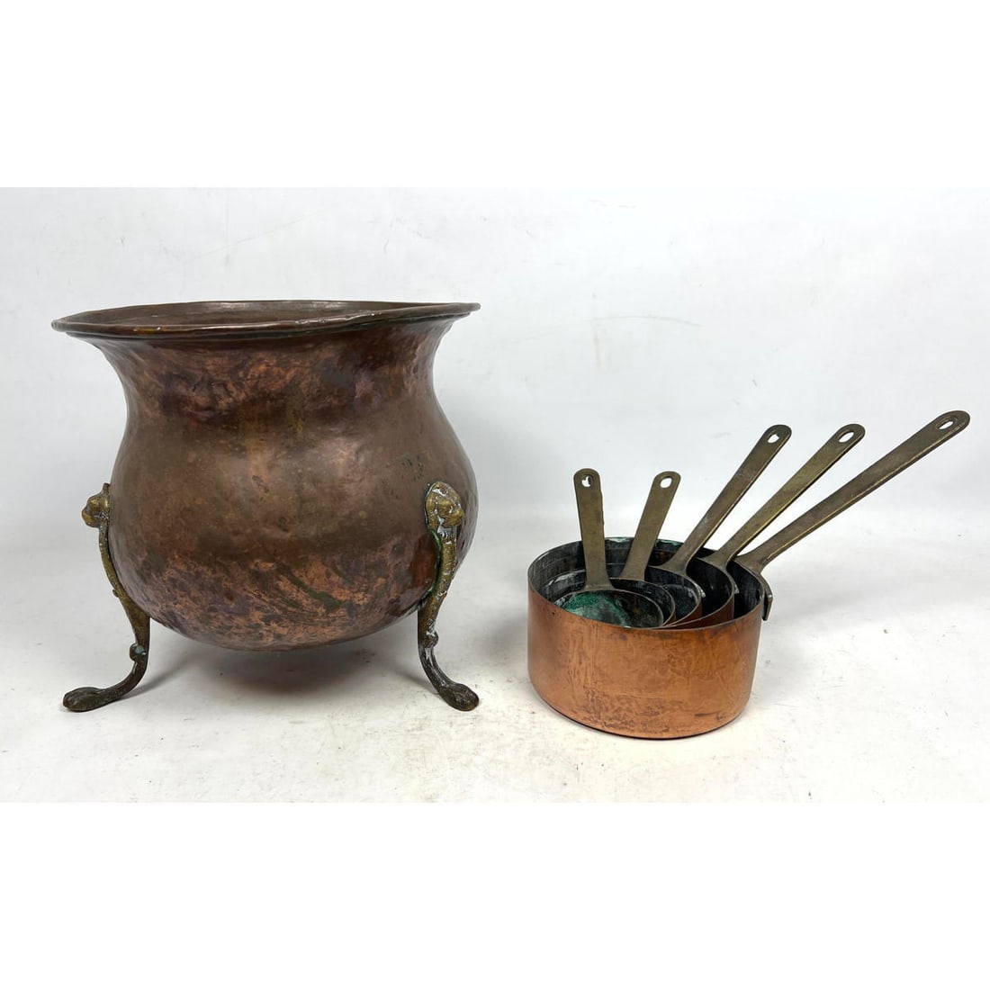 6pc Vintage Copper Metal Collection Lot. 5 Nesting Mini Sauce Pans with Solid Heavy Brass Handles. A (1 of 12)