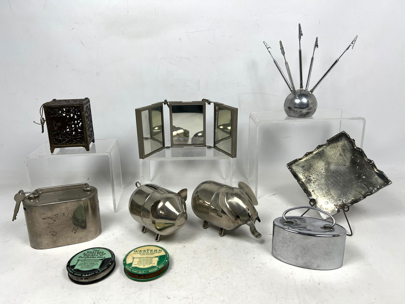 Vintage Mixed Shelf Lot. Banks. Mirrors. LEONARD Silverplate Pig and Elephant Figural Banks. 2 Round (1 of 19)