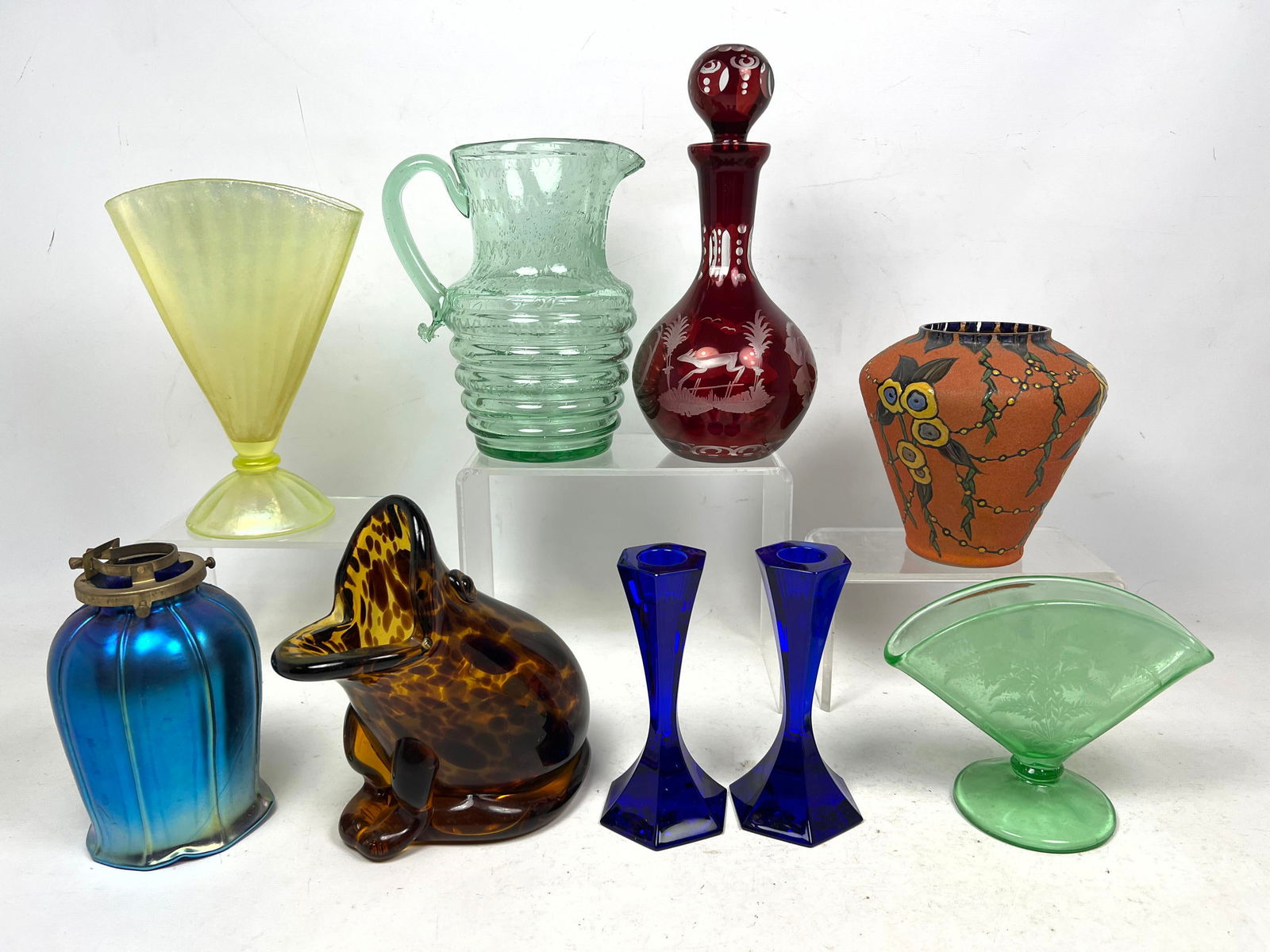 9pc Vintage Glass Lot. Art Deco Czech style Painted glass Vase. Blue Iridescent Art Glass Shade. Tor (1 of 20)