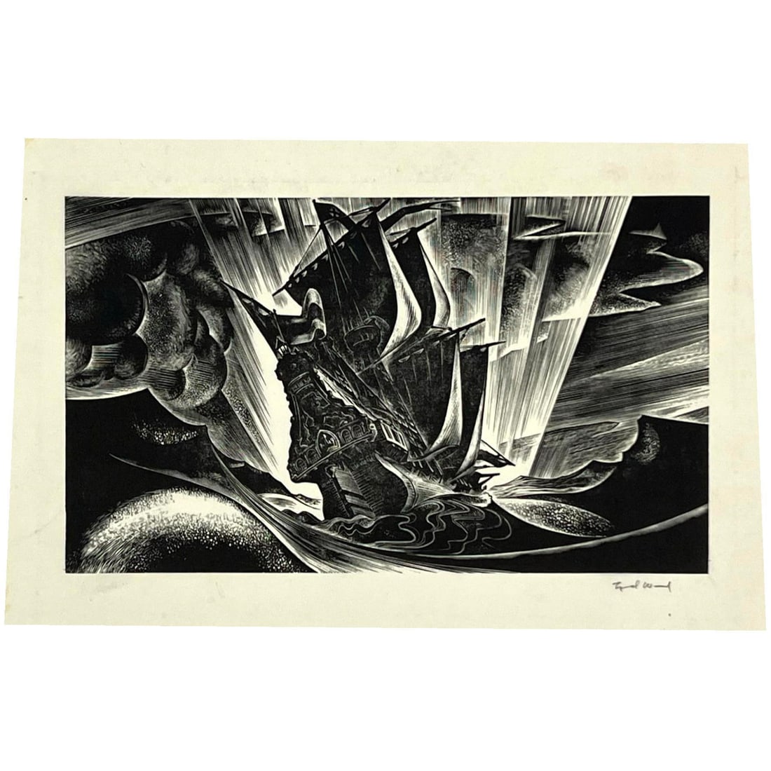 WPA Style etching Print in the Manner of John Buckland Wright. Unreadable signature.: WPA Style etching Print in the Manner of John Buckland Wright. Unreadable signature. Dimensions: Frame Height: 10 inches, Frame Width: 13.5 inches. - Image Size: Image Height: 5 inches, Image Width: 8