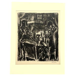 After Max Weber Figural Lithograph. Two Men Meeting.  "Sabbath #31". Matted; unframed.: After Max Weber Figural Lithograph. Two Men Meeting. "Sabbath #31". Matted; unframed. Dimensions: Frame Height: 8.5 inches, Frame Width: 7 inches. - Image Size: Image Height: 15 inches, Image Width: 1