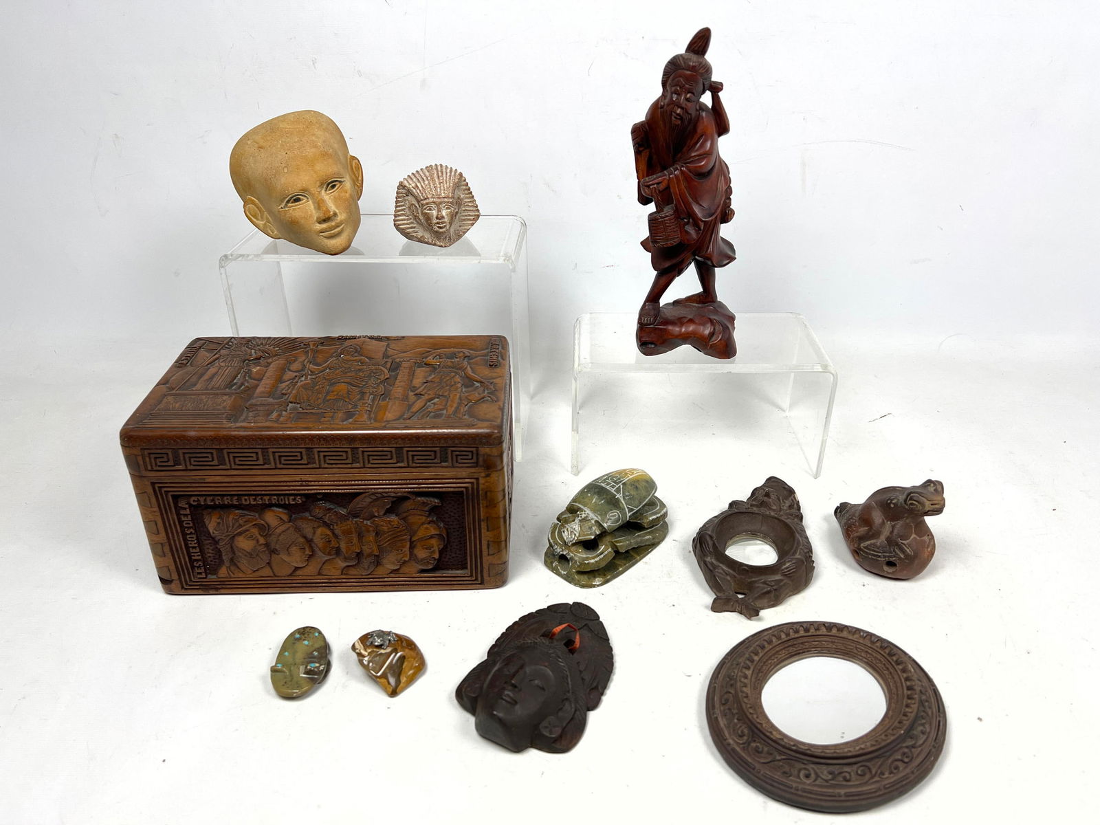 Collector Lot. Simon Potoudhis 1929 carved box, Egyptian heads, Mini mirrors, Soapstone scarab. (1 of 19)