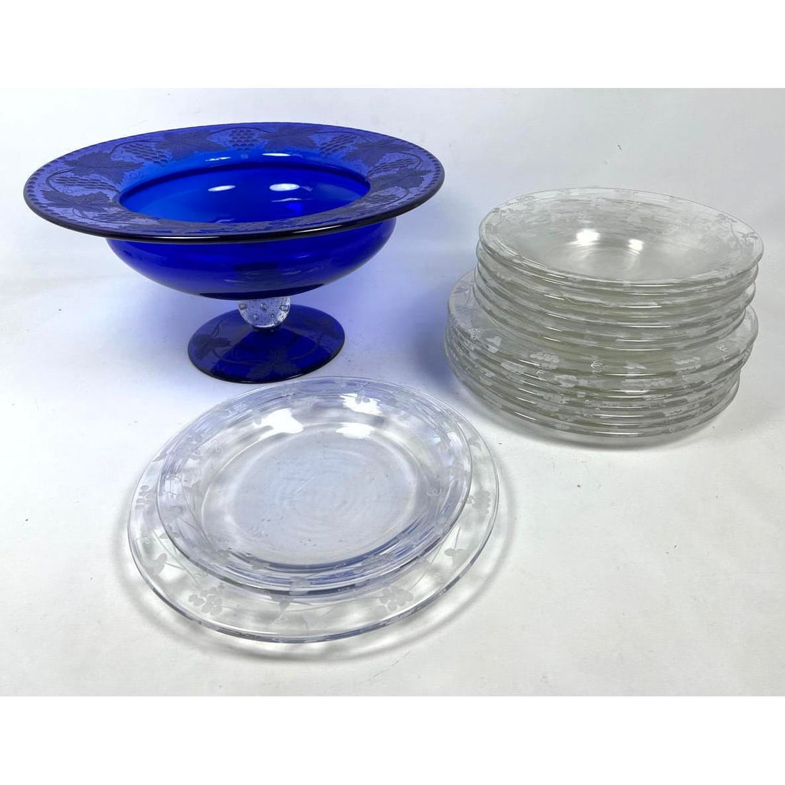 Lot etched Glass.  Cobalt Center Compote Bowl, Set of Plates. (1 of 17)