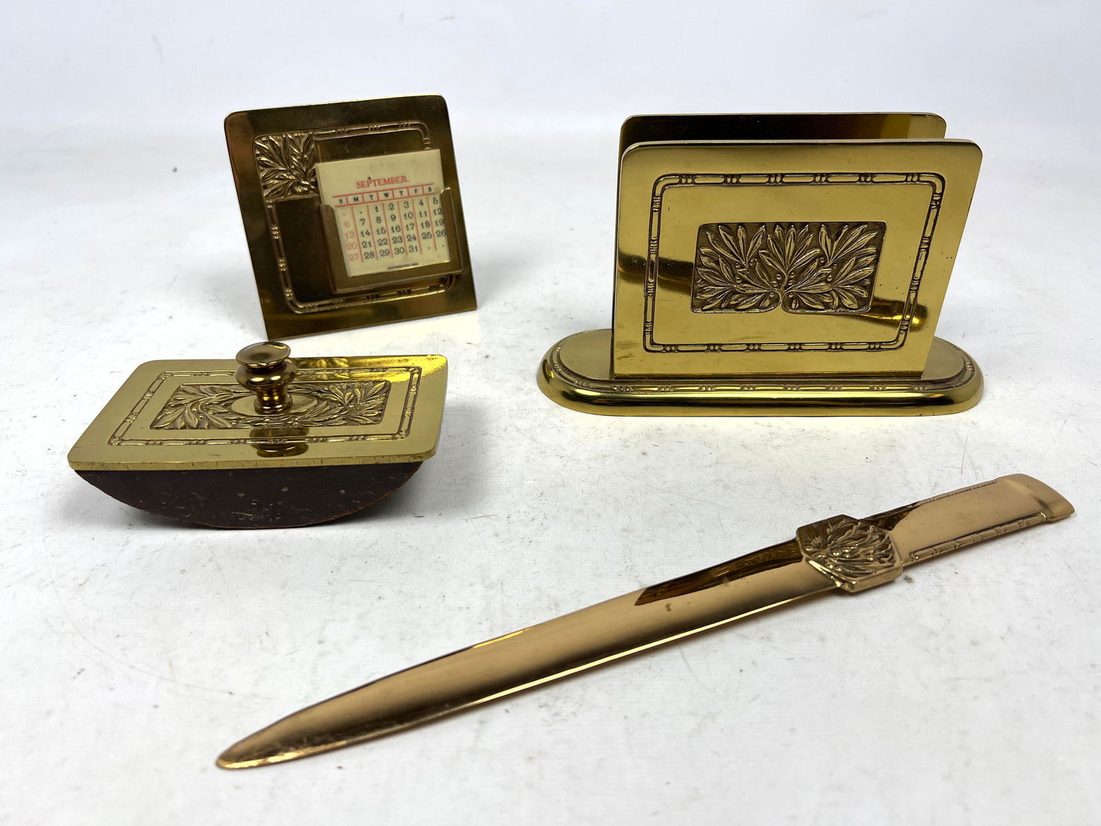 4pc Antique Brass Desk Set. Calendar. Blotter. Letter Opener. Letter Holder. Mistletoe pattern desig (1 of 13)
