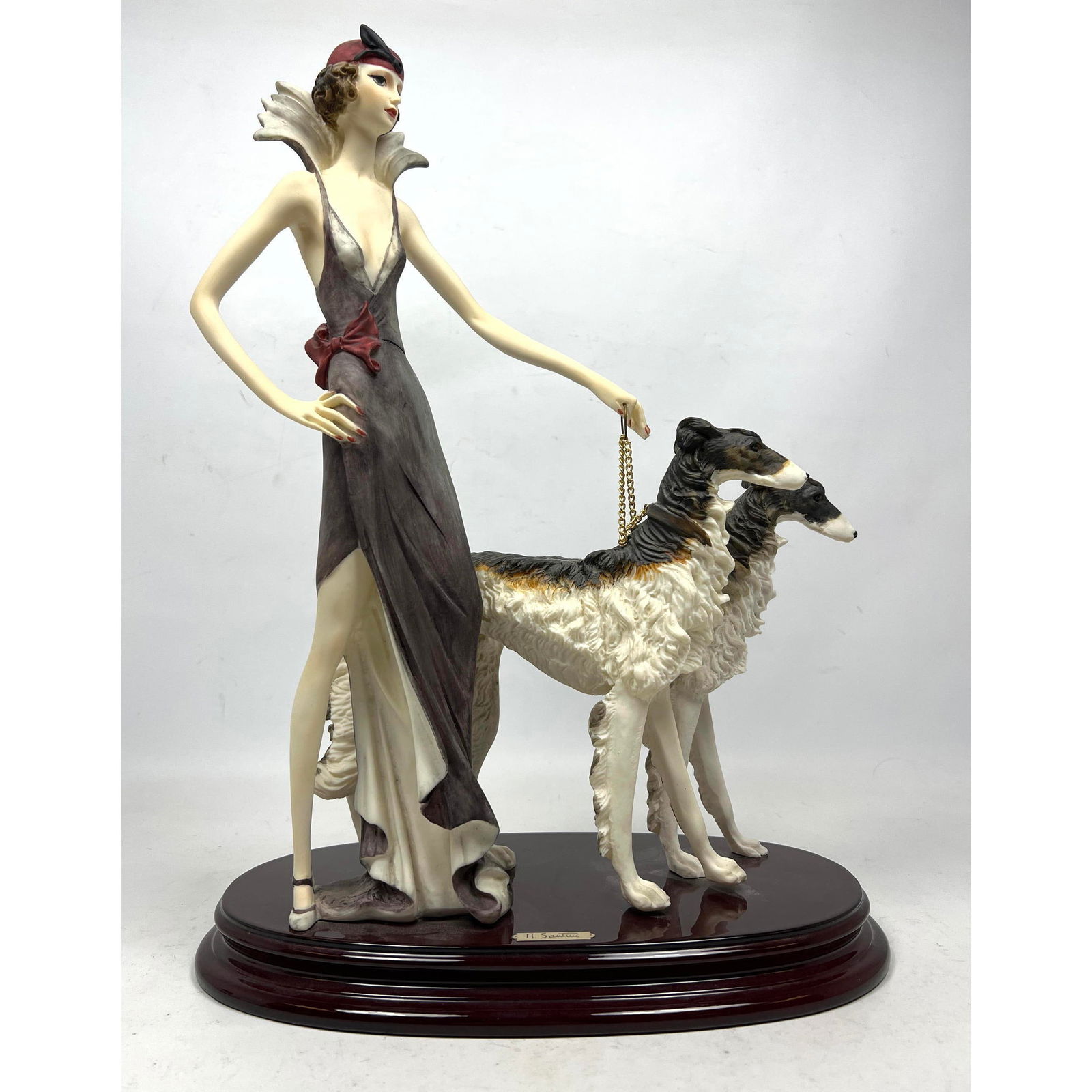 A SANTINI Italian Figural Sculpture. Elegantly dressed female walking two Borzoi dogs. Composition F (1 of 11)
