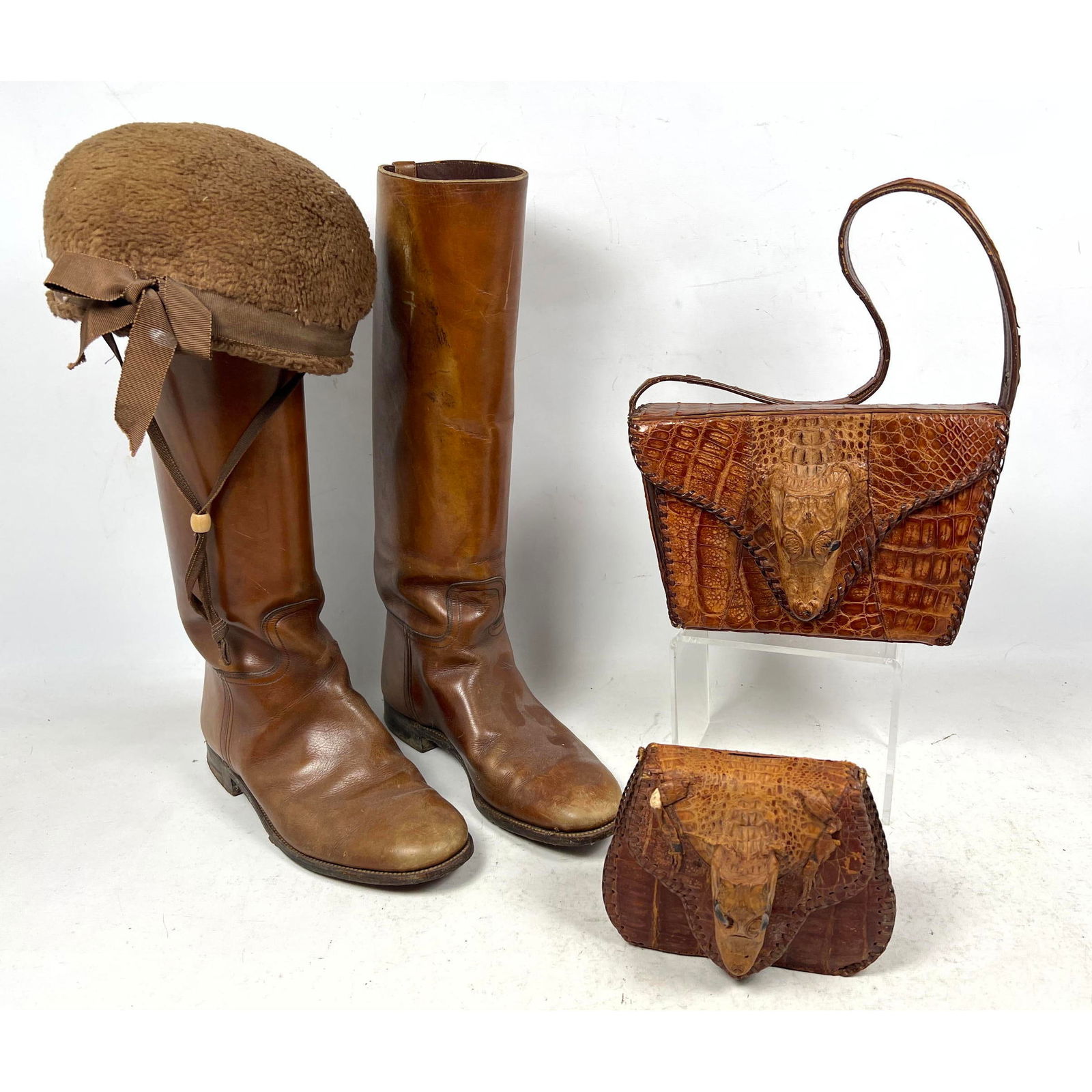 5pc Vintage fashion lot. Pr Leather Riding Boots. 2pc Alligator Purses handbags. Plush Hat. (1 of 18)
