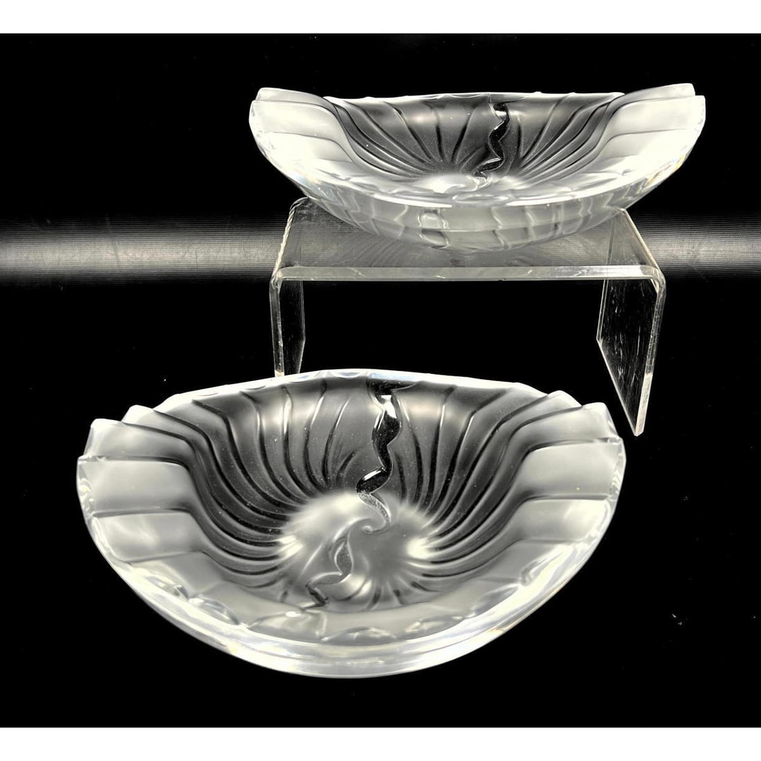 Pr LALIQUE France Crystal Ashtrays. Nancy design. Raised Rib forms. Marked. (1 of 12)