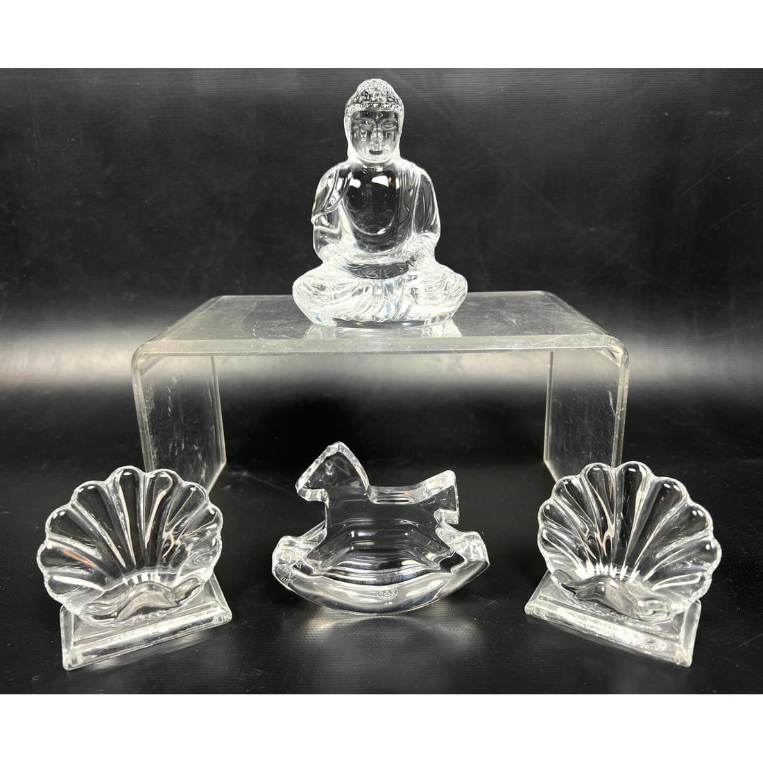 4pc Collection BACCARAT French Crystal. Buddha Figure. Pr Shell Form Pieces. Rocking Horse. All mark (1 of 15)