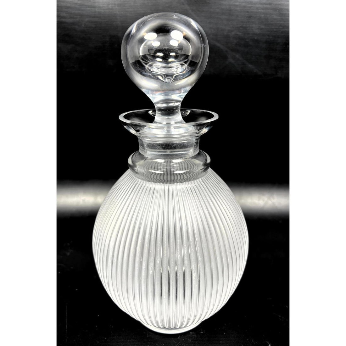 LALIQUE France LangeaisCrystal Carafe. Ribbed frosted body with large crystal ball stopper. (1 of 8)