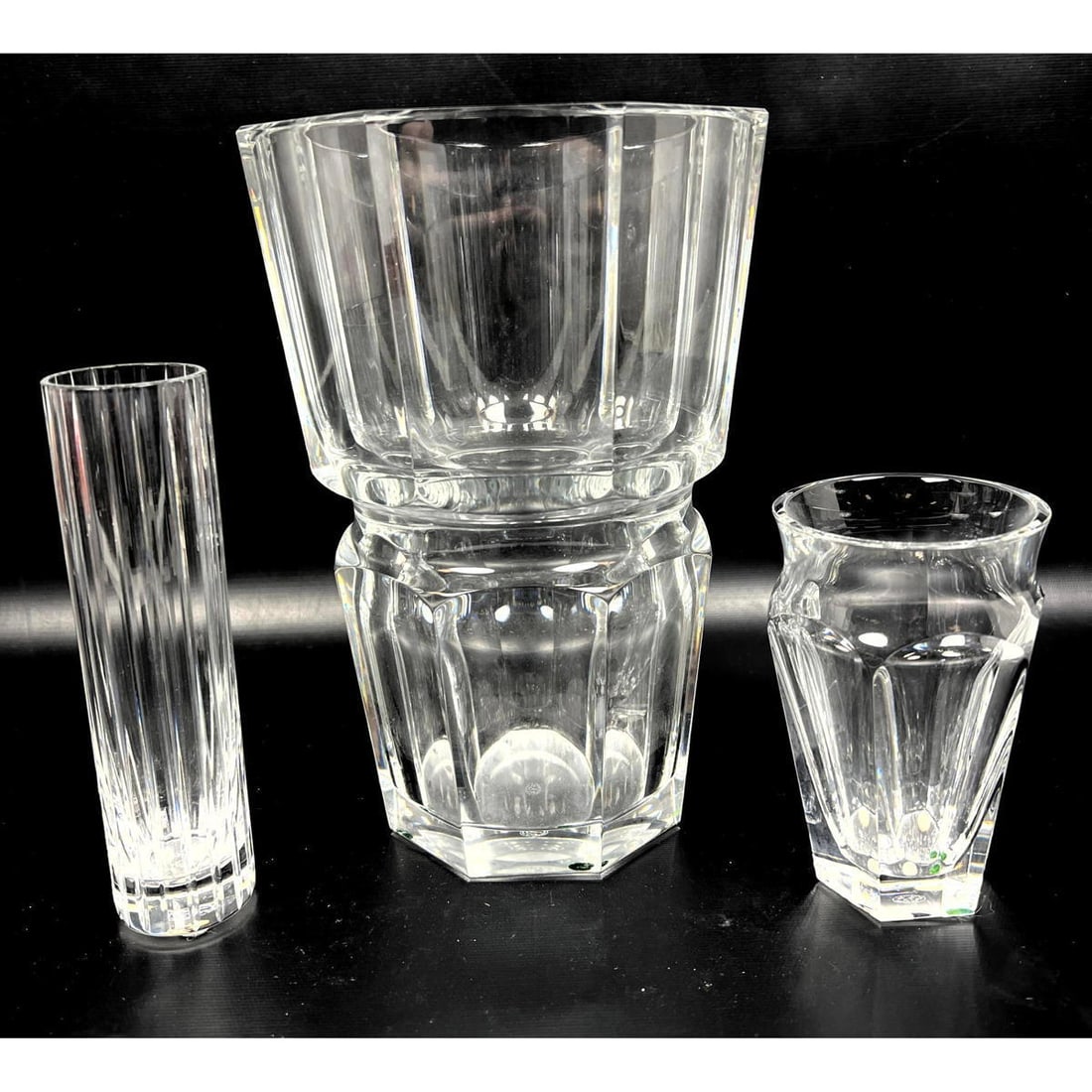 3pc BACCARAT French Crystal Vases. Faceted design profile. All marked. (1 of 12)