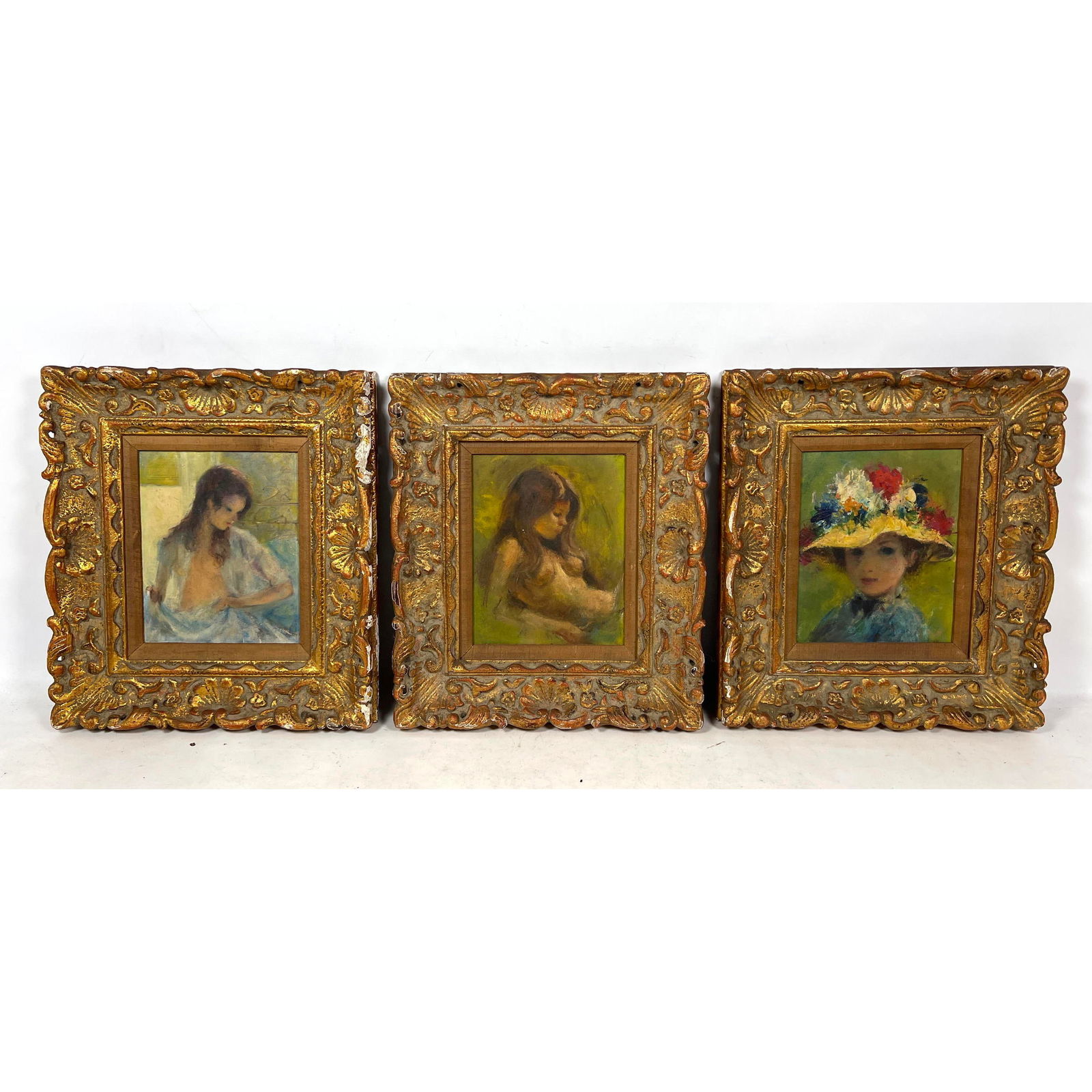 3 Impressionist Portrait Paintings. Small Framed portraits of young women. Decorative gilt frames. (1 of 15)
