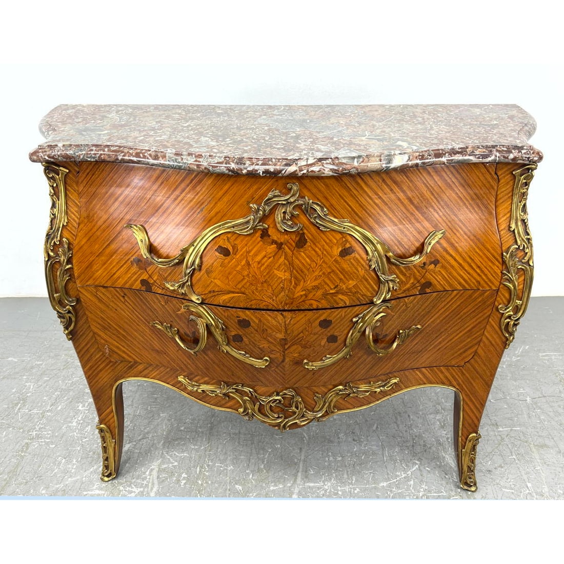 Marble Top French Style Commode. Bombe Chest. Inlaid front chest with Ormolu. (1 of 15)