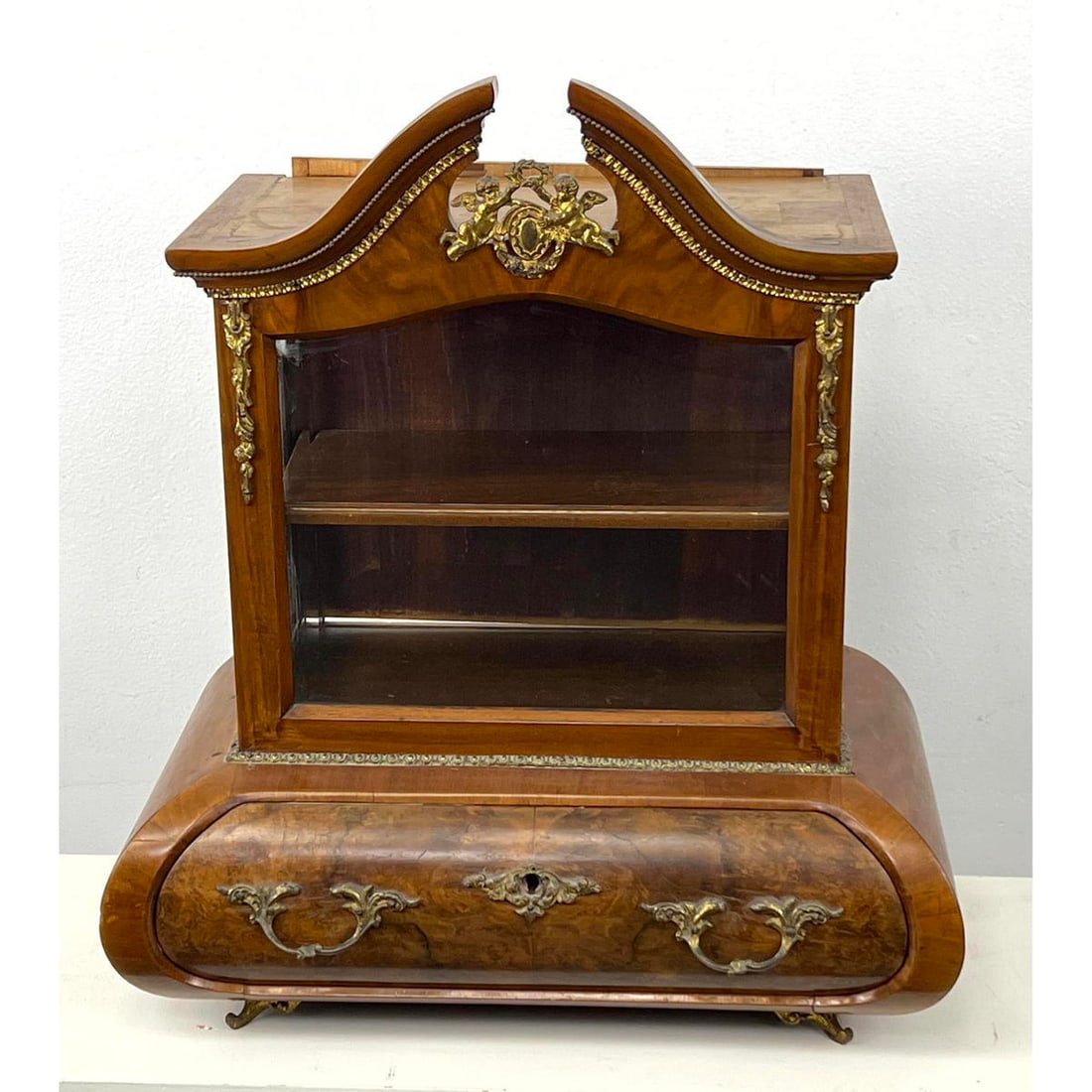 French style Small Display Cabinet. Gold tone ormolu and trim. Lower bowed drawer. (1 of 13)