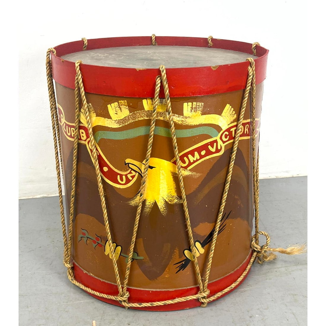 Decorative Drum form Side End Table. Painted finish. Rope trim. (1 of 9)