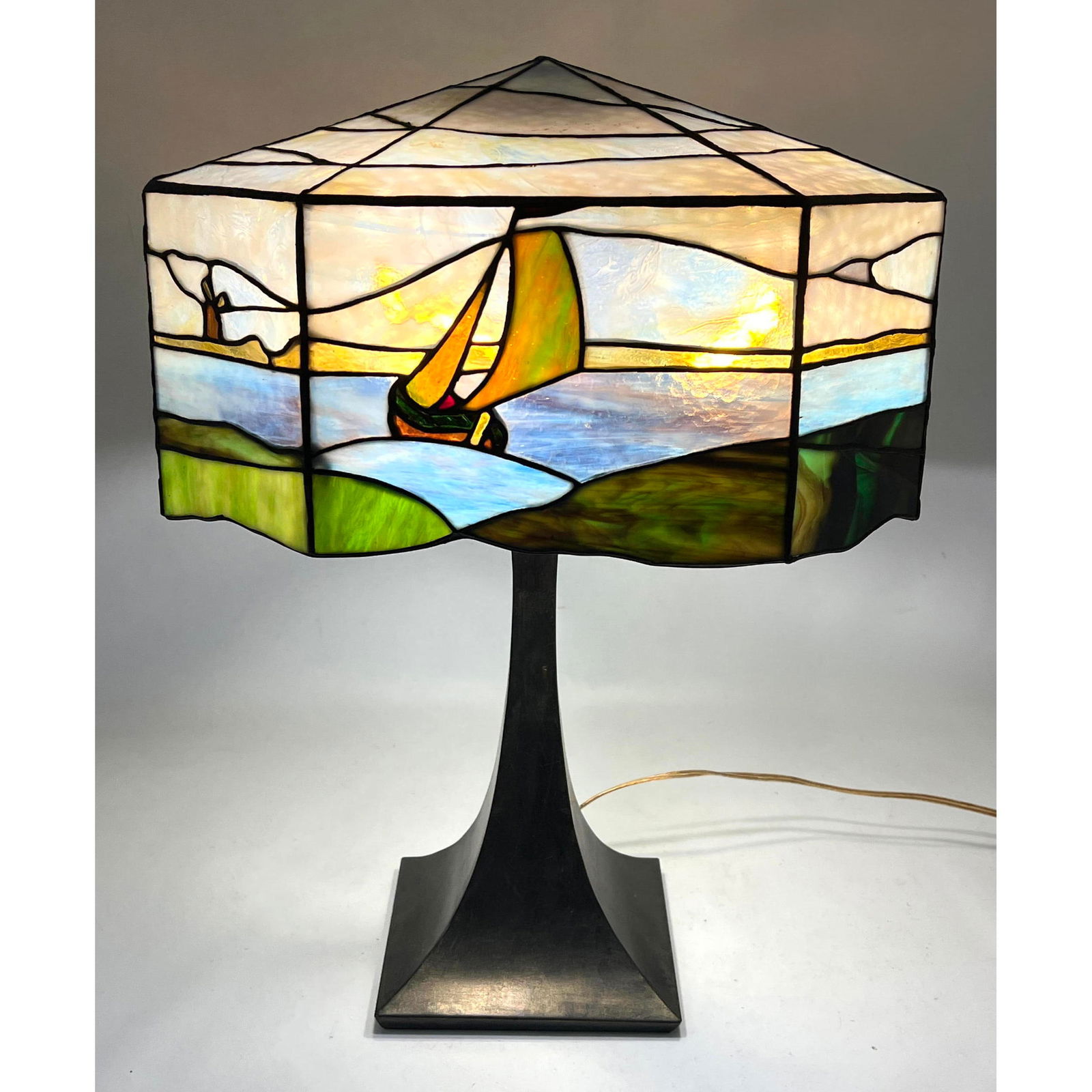 Arts and Crafts Leaded Glass Shade Lamp. Colored agate glass shade with images of sailboat, windmill (1 of 11)