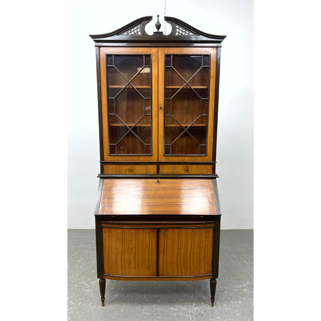 Two Part China Bookcase over Drop Front Desk. Decorative Broken Pediment. Federal style. (1 of 10)
