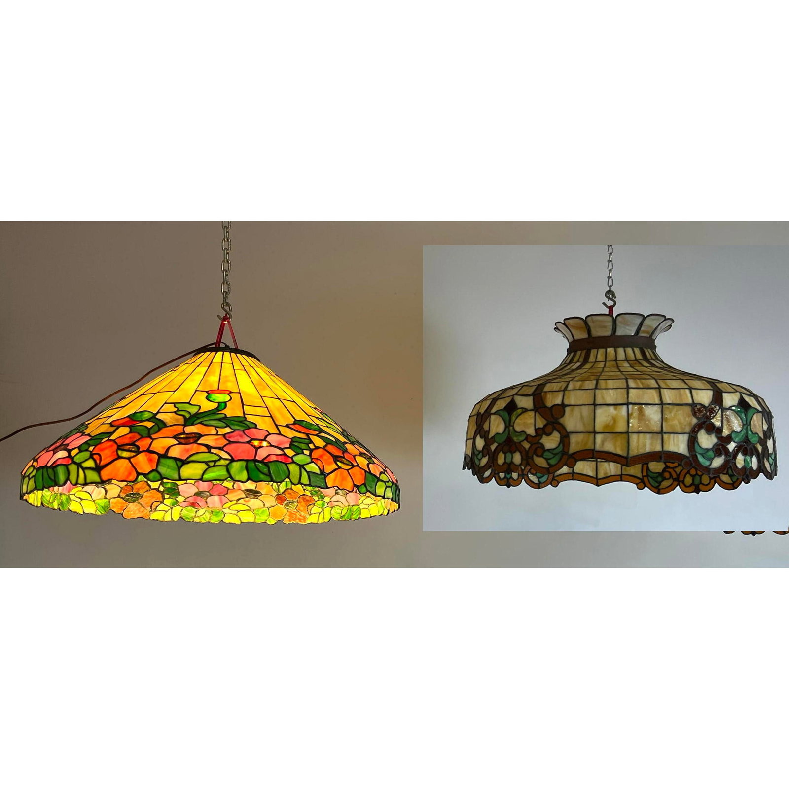 2pcs Leaded Glass Hanging Chandeliers. Poppy Shade is Higher Quality.: 2pcs Leaded Glass Hanging Chandeliers. Poppy Shade is Higher Quality. Dimensions: Height: 14.5 inches, Width: 24 inches, Depth: 24 inches. - Additional Dimensions: Smaller H: 13.5 inches, W: 29.5 inch