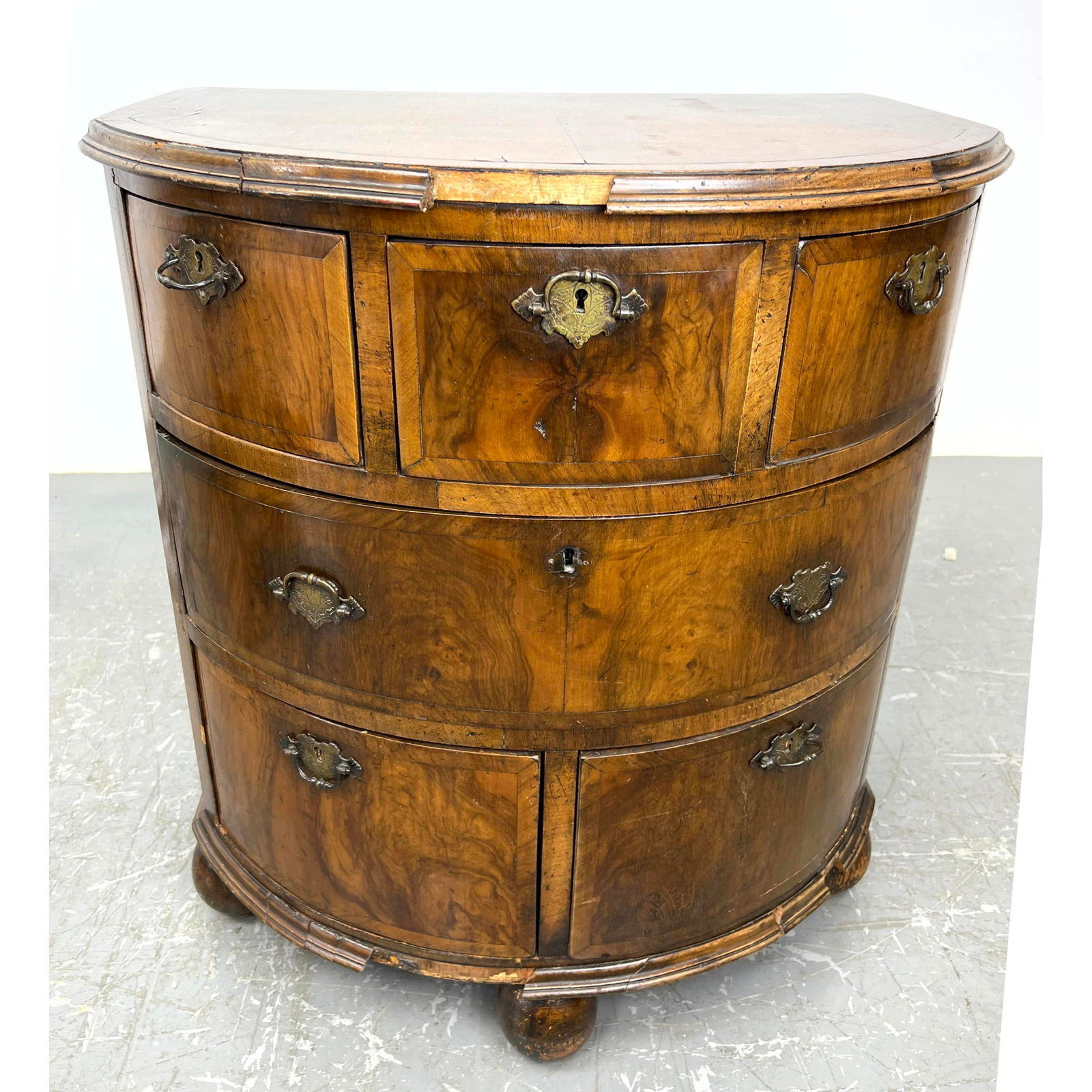 Antique Demi Lune Chest Dresser. Ball Feet. Shows wear and losses. Losses to trim molding. (1 of 14)