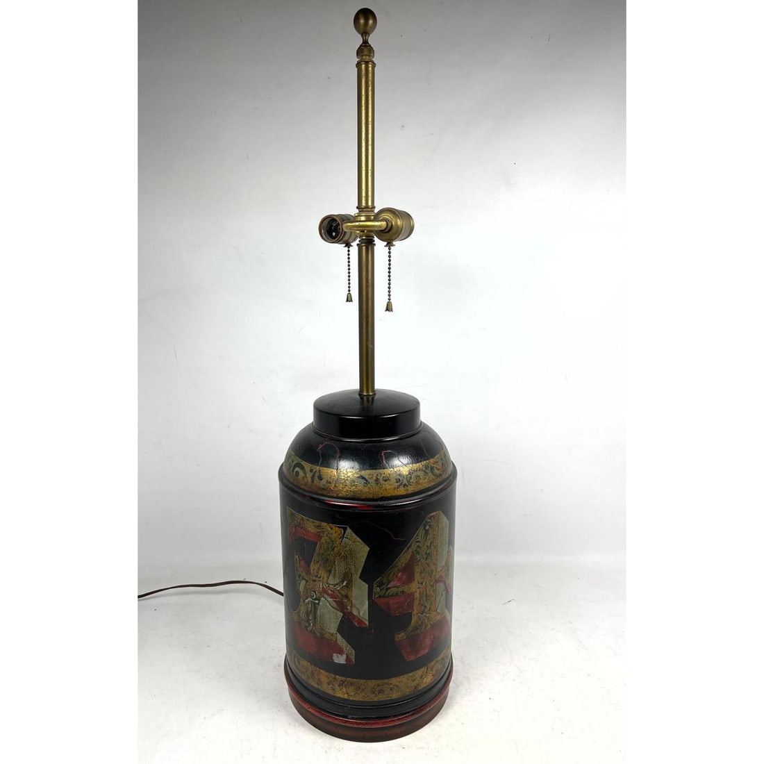 NORMAN PERRY 19th c Tin Tole Ware Tea Table Lamp. Lidded Metal Canister has Gilt trim and painted nu (1 of 10)